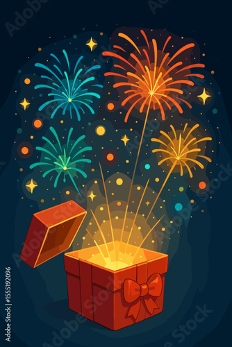 Festive open gift box with magical light and colorful fireworks for Christmas and New Year celebration. Vector cartoon illustration of surprise and joy.