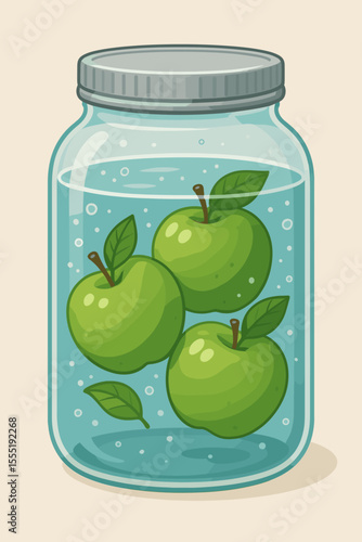 Fresh green apples soaking in a glass mason jar filled with water. Infused water for detox, diet, and healthy eating. Healthy lifestyle and wellness concept. Vector illustration.