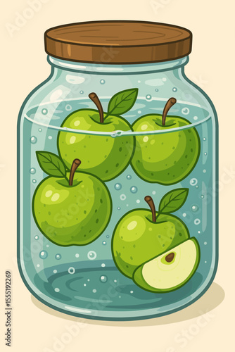 Fresh green apples in a glass jar making infused water. Concept for a healthy detox drink, diet, and wellness lifestyle. Natural organic fruit cartoon vector illustration.