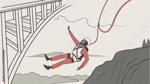 Bungee Jumper Leaping From Bridge with Safety Harness and Rope.