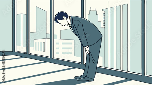Businessman Bowing at City View Window.