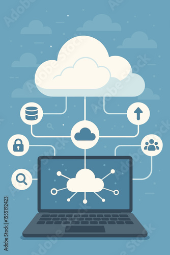 Global Cloud Computing Network Concept with Laptop Screen. Data Management, Online Storage, Cybersecurity, Uploading, and User Access on Cloud Server