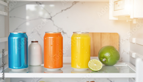 Colorful cans of soda and lime inside modern refrigerator  