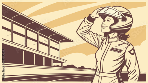 Female Race Car Driver at the Racetrack Grandstand.