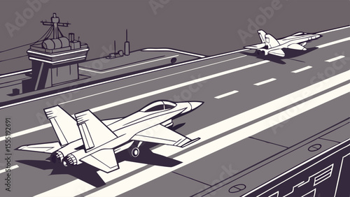 Fighter Jets on Aircraft Carrier Deck Preparing for Launch.