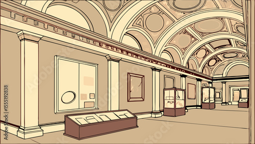 Interior View of a Museum Hallway with Artwork and Displays.