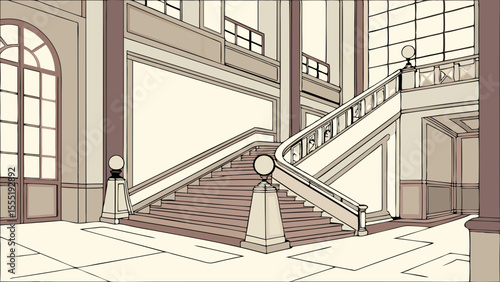 Interior illustration of a grand staircase in a building.