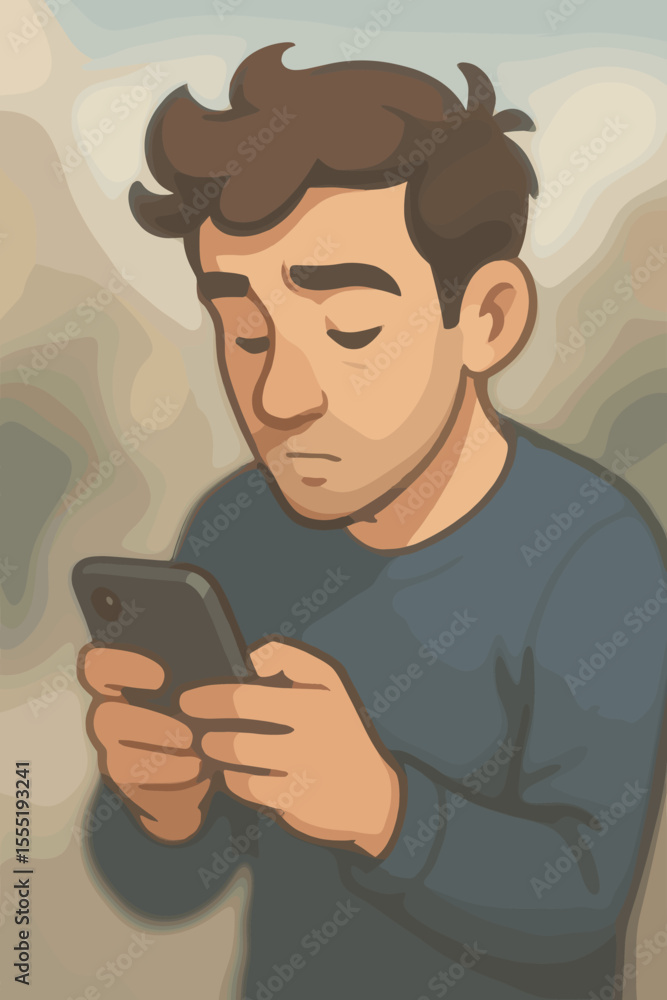 Cartoon man using smartphone, digital device addiction, technology dependence, social media browsing, mobile communication, modern lifestyle, soft blur background, vector illustration Cartoon man using smartphone, digital device addiction, technology dependence, social media browsing, mobile communication, modern lifestyle, soft blur background, vector illustration