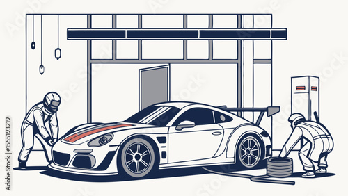 Racing Car Maintenance in a Garage.