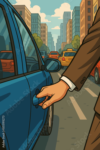 Businessman hand opening blue car door in downtown city street traffic, urban transportation, commuting, rush hour, cityscape, office worker, vehicle entry, modern cartoon vector illustration