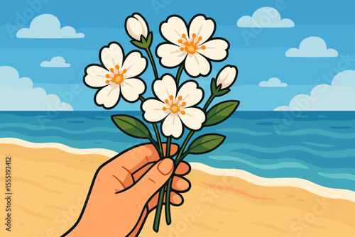 Delicate white seaside flowers bouquet held in hand with green leaves, sandy beach and ocean waves background, summer nature vector cartoon illustration, floral coastal scene