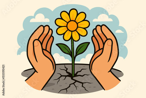 Hope and resilience concept. Flower growing from cracked earth. Hands protecting new life. Growth, strength, survival, and new beginnings. Environmental care and nature conservation. Vector.