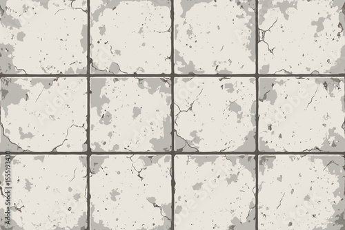 Distressed white and gray concrete tile wall with a grunge vintage look. Seamless vector pattern of old cracked stone floor. Aged, weathered dungeon pavement texture background.