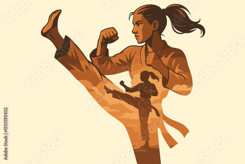 Double exposure silhouette of a woman practicing martial arts. Karate girl doing high kick in dynamic motion. Fighter concept for self-defense, power, strength, and sport. Vector.
