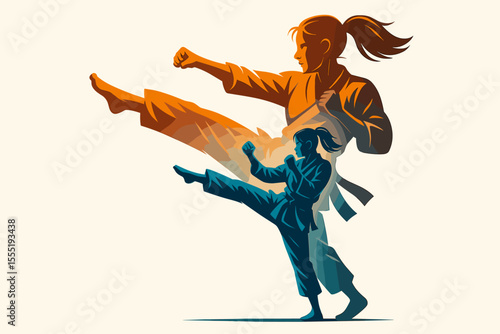 Dynamic double exposure of woman practicing martial arts kicking and punching in karate gi, powerful self-defense training, vector cartoon illustration of female fighter