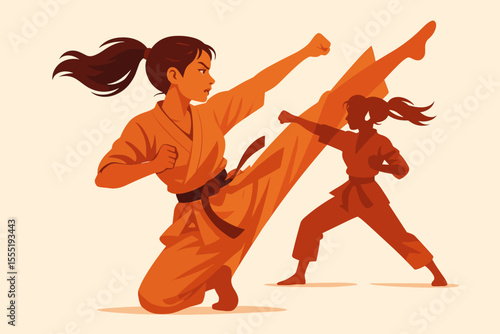 Dynamic Double Exposure of Woman Practicing Martial Arts, Karate and Taekwondo Moves, Powerful Female Fighter in Action, Vector Cartoon Illustration of Sport and Self-Defense