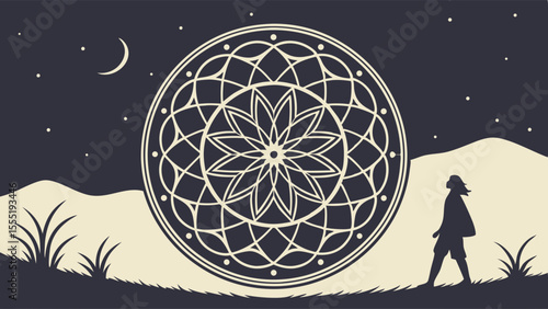 Silhouette of Person Walking Towards a Mandala Under a Night Sky.