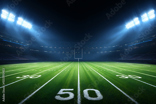 Night Football Stadium: Dramatic, Illuminated Field,  Goal Post, Yard Lines.