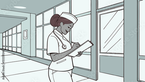 Smiling Nurse in Uniform Writing on Clipboard in Hospital.