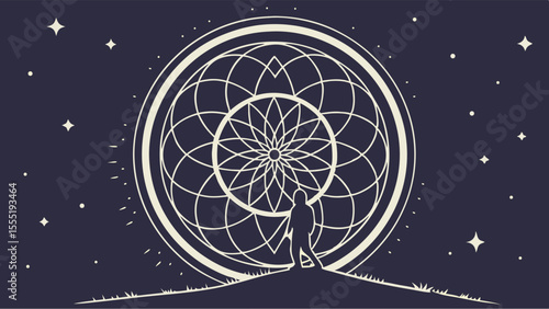 Silhouette of a person standing before a geometric mandala under a starry sky.