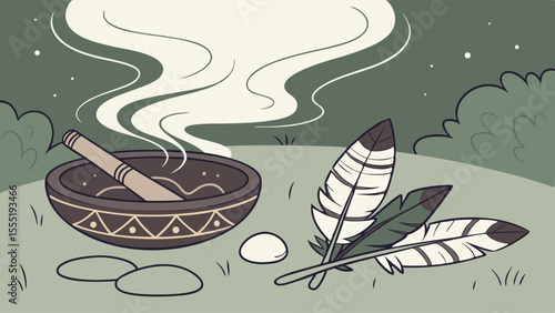 Smudging Bowl with Feathers and Incense Stick Outdoors.