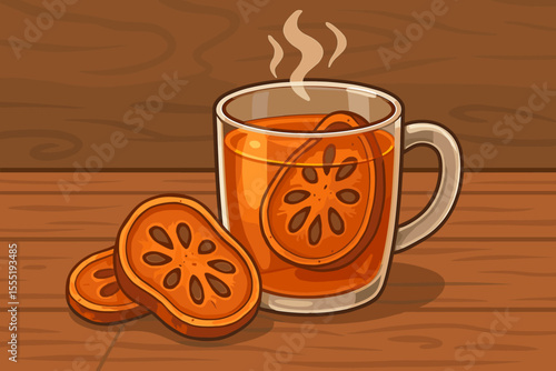 Hot steaming quince tea in a glass mug with dried fruit slices. Healthy detox beverage concept. Herbal infusion or bael fruit tisane on a rustic wooden table. Vector cartoon illustration.