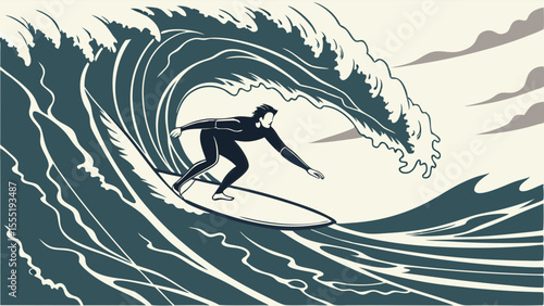 Surfer Riding a Powerful Ocean Wave Stylized Illustration.