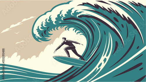 Surfer Riding a Giant Wave in Retro Style Illustration.