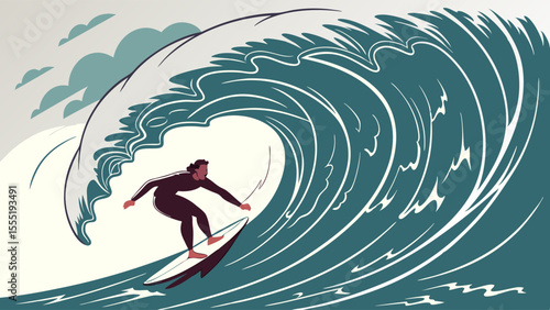 Surfer riding a large wave with stylized clouds in the background.
