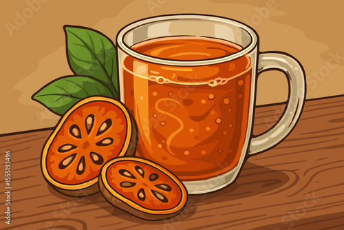 Healthy herbal detox drink concept. Cartoon illustration of traditional Ayurvedic beverage Aegle marmelos, or matum tea. Bael fruit infusion in glass mug on wooden background.