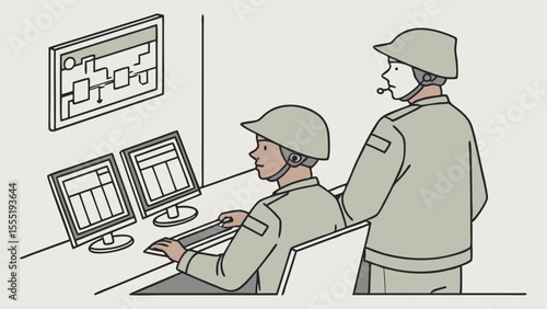 Two soldiers monitoring screens in a control room illustration.