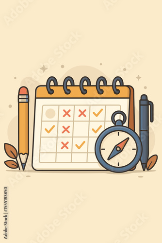 Time management and productivity planning concept. Cartoon calendar with check marks, compass, pencil, pen. Schedule organization, deadline reminder, task list, vector illustration for office or study
