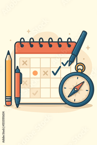 Time Management and Productivity Concept with Calendar, Compass, Pencil, Pen, and Marker. Vector Cartoon Illustration for Planning, Organization, Schedule, Task Tracking, and Goal Setting