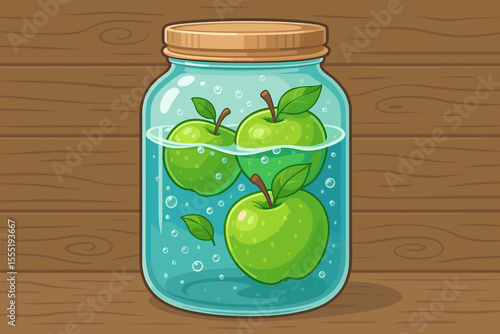 Fresh green apples in a glass jar of water for a healthy lifestyle. Concept for detox water, diet drink, infused beverage, and organic food. Vector cartoon illustration of fresh fruit.