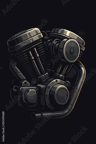 Detailed vector illustration of classic V-twin motorcycle engine in dramatic moody lighting, chrome mechanical parts, vintage motorbike power, close-up isolated on dark background, no text