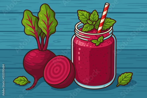 Healthy Beetroot Smoothie with Fresh Mint Leaves in a Mason Jar, Served on Rustic Blue Wooden Tabletop. Nutritious Detox Drink for Wellness Lifestyle. Vector Cartoon Graphic.