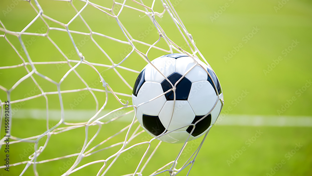 Fototapeta premium Soccer Ball in Net: Goal! Triumphant Victory, Close-up, Green Field Background.
