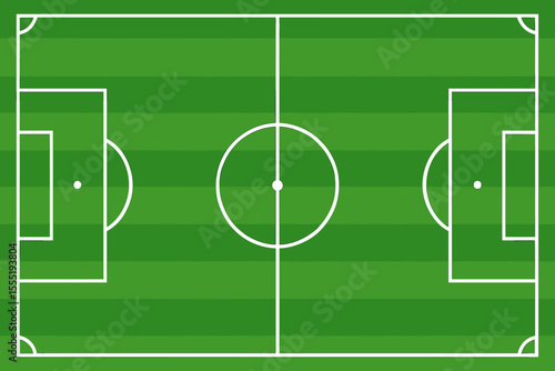 Soccer field from top view. Football pitch with green grass and white marking lines. Vector illustration of a stadium layout for sport game, competition, or championship. Background.