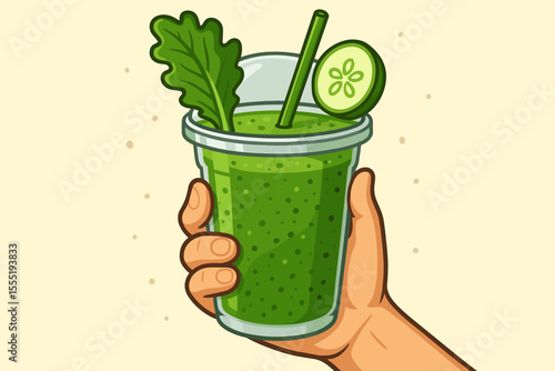 Hand holding refreshing vegetable detox green smoothie with fresh lettuce, cucumber, and straw. Healthy juice drink, diet, and wellness concept vector cartoon illustration.