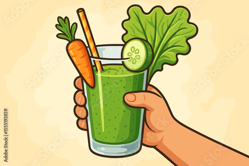Hand holding fresh green detox smoothie with carrot, cucumber, and lettuce. Healthy vegetable juice for diet, wellness, and weight loss. Vegan organic nutrition concept. Vector cartoon illustration.