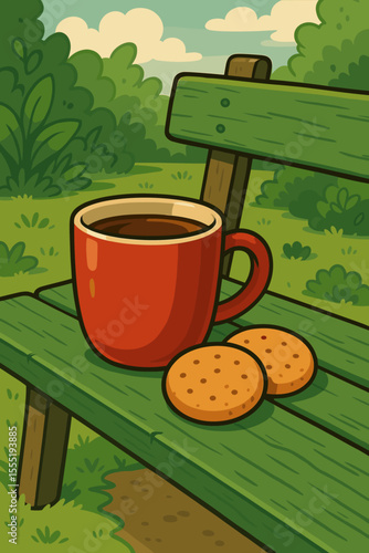 Cozy outdoor coffee break with red mug and biscuits on vintage green wooden park bench in lush garden. Relaxing picnic scene, summer morning, cartoon vector illustration, tranquil nature setting