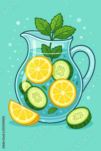 Fresh infused water with lemon, cucumber, and mint in glass pitcher. Healthy detox drink, summer refreshment, citrus slices, herbal beverage, clean eating, hydration concept, vector illustration