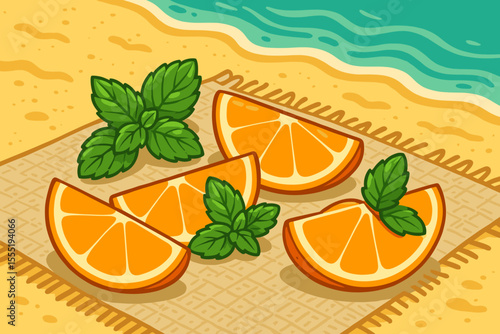 Fresh orange slices with mint leaves on picnic blanket, tropical beach background, summer refreshment, citrus fruit, seaside vacation, healthy snack, cartoon vector illustration