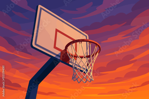 Basketball hoop low angle view against vibrant sunset sky. Outdoor sports court. Dramatic clouds. Urban playground. Evening silhouette. Vector illustration. Recreation, competition, teamwork.