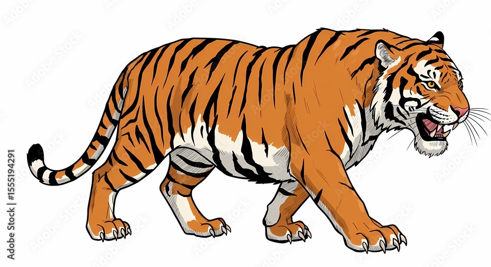 Obraz premium Illustration of a Realistic Orange Tiger Walking in Natural Habitat