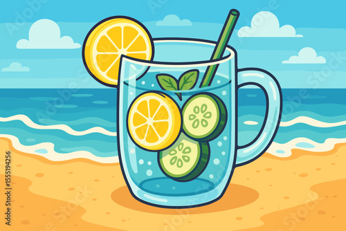 Refreshing Summer Lemon Cucumber Water with Mint in Glass Mug on Sandy Beach, Ocean Waves, Blue Sky, Vacation Drink, Healthy Hydration, Vector Cartoon Illustration