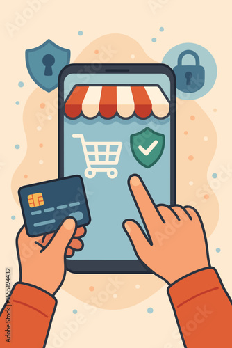 Secure online shopping payment with smartphone and credit card, mobile e-commerce transaction, digital security, internet purchase, safe checkout, fintech vector illustration