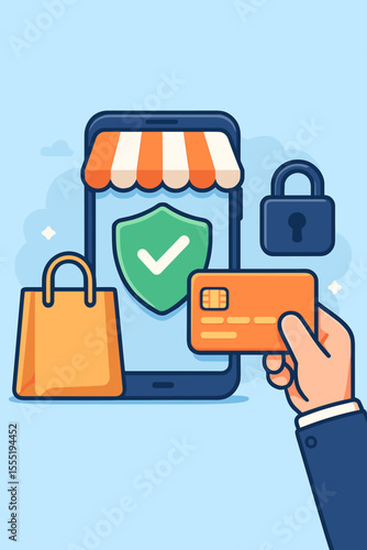 Secure online shopping payment with smartphone and credit card, mobile commerce, digital security, safe transaction, e-commerce protection, encrypted checkout, vector illustration