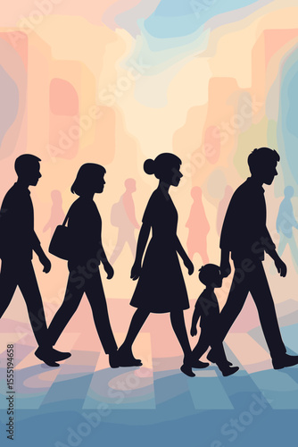 Urban city street crosswalk with diverse people silhouettes walking, abstract pastel background, modern lifestyle, pedestrian crowd, metropolitan daily commute, vector illustration