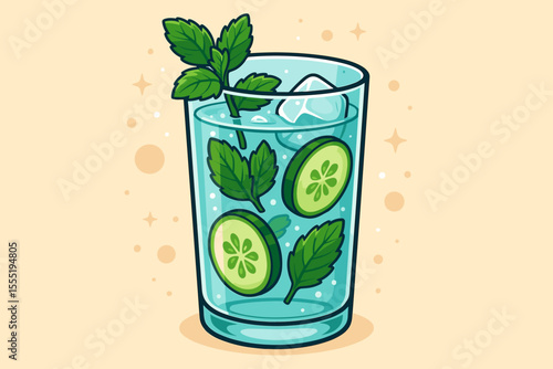 Refreshing cold water with cucumber slices, fresh mint leaves, ice cubes in glass. Summer detox drink, healthy beverage concept. Cartoon vector illustration, hydration, cooling refreshment, no text